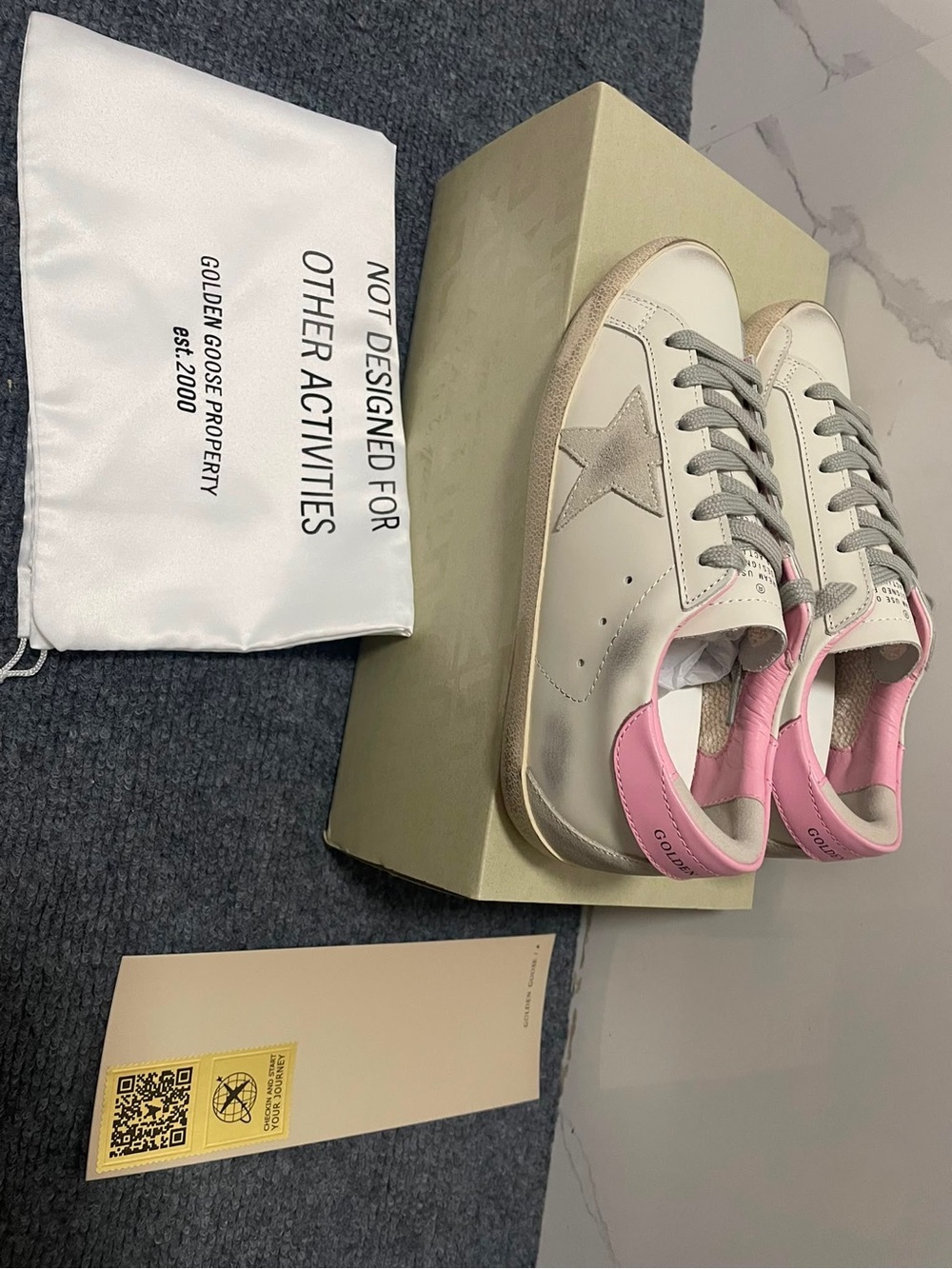 Golden Goose White Leather Sneakers with Grey Star and Pink Heel Tab